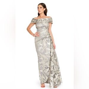 Nicole Bakti Blue and Silver Ruched Off-Shoulder Gown Style 7364